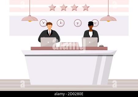 Receptionists at front desk flat color vector illustration. Multicultural hotel staff. Guest registration area, lobby. Reception workers isolated Stock Vector