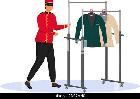 Porter in red uniform flat color vector illustration. Bellman carrying cart with clothes. Hotel staff with equipment, service worker. Bellhop isolated Stock Vector