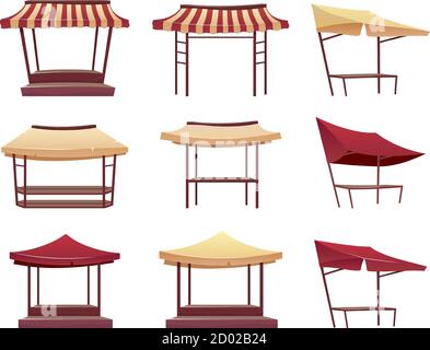 Empty bazaar awnings cartoon vector illustrations set. Blank street market stalls with canopy flat color object. Fair trade tents, marketplace retail Stock Vector