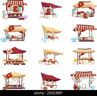 Bazaar trade tents cartoon vector illustrations set. Middle east marketplace flat color objects. Retail canopy with souvenirs, handmade pottery Stock Vector