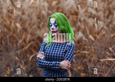 Portrait of a greenhaired girl with joker makeup on a orange leaves reeds background. Stock Photo