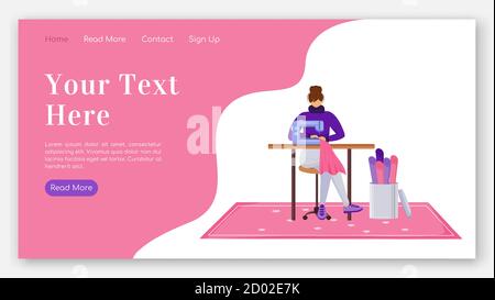 Fashion designer landing page flat color vector template. Assistant with sewing machine homepage layout. Repair clothes one page website interface Stock Vector