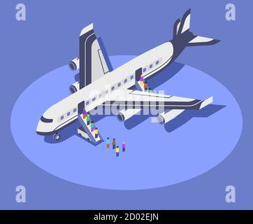 Commercial airplane isometric color vector illustration. Flight passengers boarding plane 3d concept isolated on blue background. Airline company Stock Vector