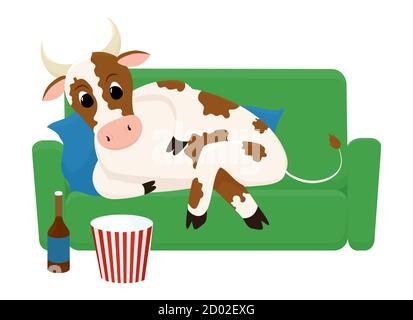 Bull relaxing on weekends eating popcorn and drinking beer at home. Cartoon cow spending time watching TV. Symbol of 2021 New Year, vector illustratio Stock Vector