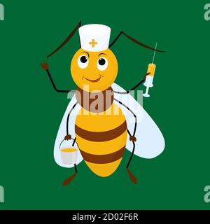 Apitherapy illustration. Bee doctor with syringe in cartoon style. Apiotherapy, beekeeping concept Stock Vector