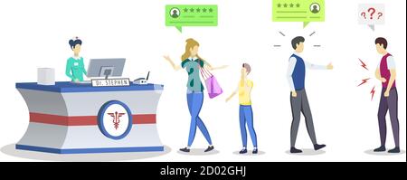 Medical center rating semi flat RGB color vector illustration. Clients with review bubbles. Clinic lobby. Customer feedback. Quality evaluation Stock Vector