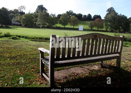 A single empty park bench on the riverbank of Tillingbourne River overlooking the Abinger Hammer cricket ground, Surrey, UK, 2020 Stock Photo