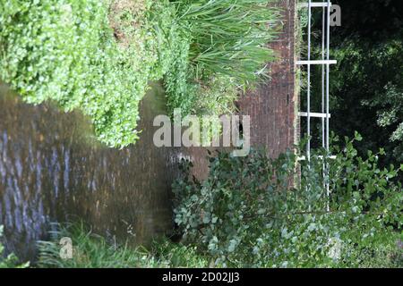 The River Tillingbourne flowing through Abinger Hammer village green surrounded by greenery in the Surrey Hills, Surrey, UK, September 2020 Stock Photo