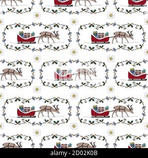 Reindeer and his sleigh full of gifts. Garland holly, star and and christmas bell. Christmas seamless pattern. Transparent background. Vector illustra Stock Vector