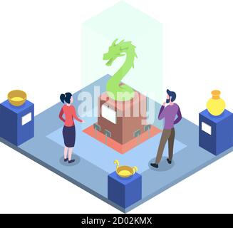 Historical museum interior isometric vector illustration. Ancient artifacts exposition, cultural heritage exhibition visitors, tourists characters Stock Vector