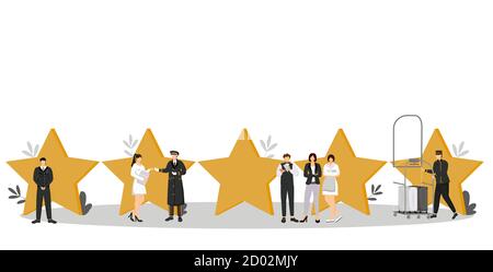 Five star hotel flat color vector illustration. Luxury hospitality service. Security, doorman, porter. Administrator, waiter, housekeeper. Staff Stock Vector
