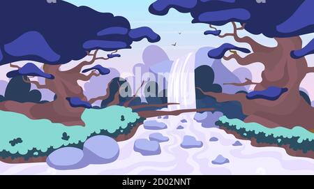 Jungle waterfall flat vector illustration. Fantasy mystical fauna. Tropical forest landscape. Panoramic scene with trees and river stream. Exotic land Stock Vector