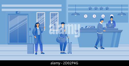 Hotel check in flat vector illustration. Tourists with baggage at reception. Receptionist at front desk with guests in waiting area. Hospitality Stock Vector