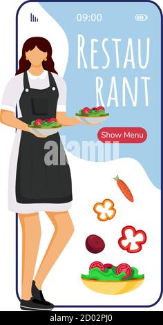 Hotel restaurant cartoon smartphone vector app screen. Mobile phone display with chef flat character design mockup. Food ordering, menu. Catering Stock Vector