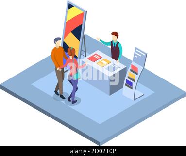 Trade show isometric vector illustration. Visitors at promotional expo stand with salesman, manager characters. Trade exhibition isolated 3d interior Stock Vector