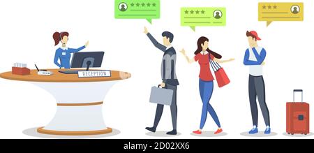 Hotel rating semi flat RGB color vector illustration. Customer, client feedback. Customers at reception desk. Quality assessment. Ranking. Review Stock Vector