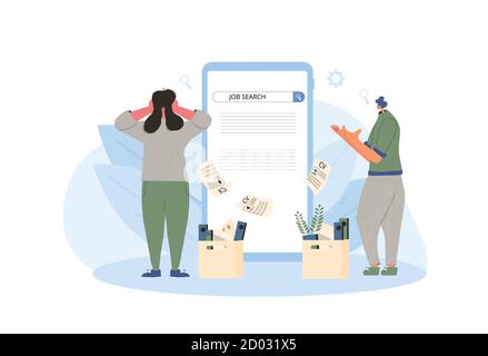 Job search. Two dismissed coworkers try to find a work online. Fired people standing near huge phone. Stressed persons. Vector flat illustration. Stock Vector