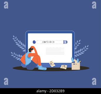 Unemployment. Dismissed worker try to find a job online. Fired man sitting near huge laptop, he is confused and disappointed. Sad person thinking abou Stock Vector