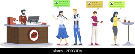 Coffee shop rating semi flat RGB color vector illustration. Customer, consumer feedback. Clients with review bubbles. Cafe quality evaluation Stock Vector