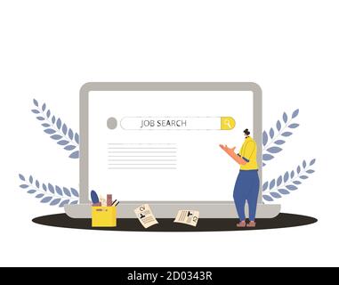 Job search. Dismissed worker try to find a work online. Fired man standing near huge laptop, he is confused and disapointed. Vector flat illustration. Stock Vector