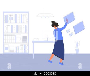 Young woman in virtual reality glasses working with data in her office. Female business character with vr headset.  Student preparing for examination Stock Vector