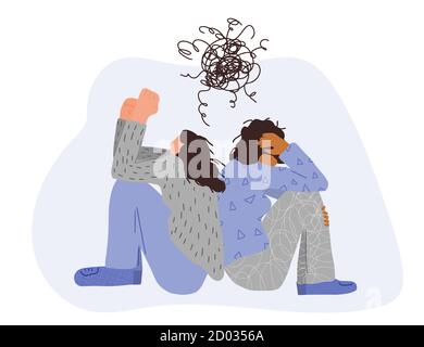 Two girls siting on the floor back to back. Pairs of people during conflict. Vector illustration. Stock Vector