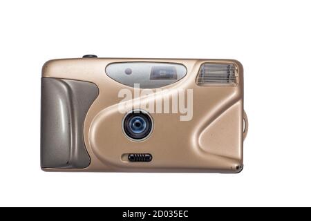 Old auto flash japan lens film camera isolated on white background. Stock Photo
