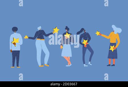 Feedback concept. Five characters holding stars in their hands. Service rating. Satisfaction level. Consumer product review Vector flat illustration. Stock Vector