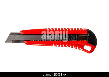 Red stationery knife or clerical knife top view isolated on white background. Stock Photo