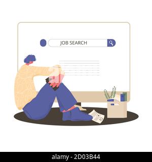 Unemployment. Dismissed worker try to find a job online. Fired man sitting near huge computer, he is confused and disappointed. Sad person thinking ab Stock Vector