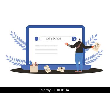 Job search. Dismissed worker try to find a work online. Fired man standing near huge laptop, he is confused and disapointed. Vector flat illustration. Stock Vector