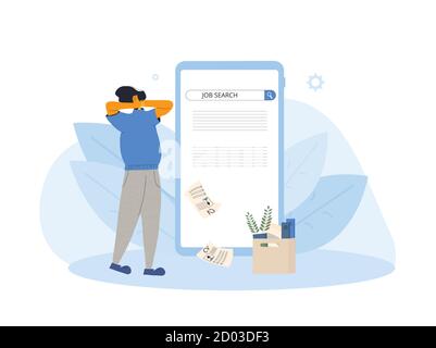 Unemployment. Dismissed worker try to find a work online. Fired woman standing near huge phone, she is confused and disappointed. Vector flat illustra Stock Vector