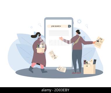 Job search. Two dismissed coworkers try to find a work online. Fired people standing near huge phone. Vector flat illustration. Stock Vector