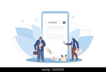 Job search. Two dismissed coworkers try to find a work online. Fired men standing near huge phone. Vector flat illustration. Stock Vector