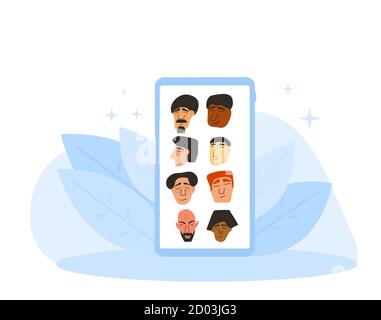 Video conference. Family distance talk. Group of coworkers taking part in business conference. Online call or meeting for a remote job. Stream friends Stock Vector