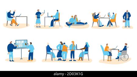 Teamwork set. Office life scenes collection. Different coworkers make business projects together in the company. Brainstorming, presentation, conferen Stock Vector