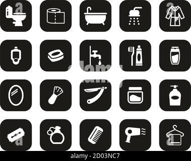 Bathroom Or Shower Icons White On Black Flat Design Set Big Stock Vector