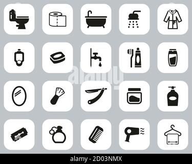 Bathroom Or Shower Icons Black & White Flat Design Set Big Stock Vector