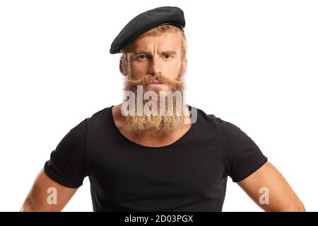Close up of a serious man with blond beard and mosutaches wearing a black beret isolated on white background