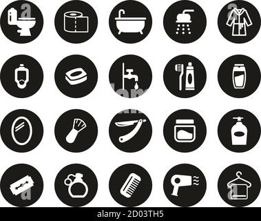 Bathroom Or Shower Icons White On Black Flat Design Circle Set Big Stock Vector