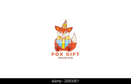 fox  smile cute  cartoon with box gift birthday  logo icon vector illustration Stock Vector