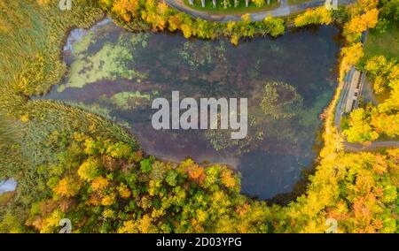 Top aerial view panorama a beautiful calm lake in the landscape of forest in the autumn from height Stock Photo