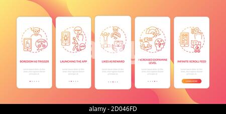 How social media addiction works onboarding mobile app page screen with concepts Stock Vector