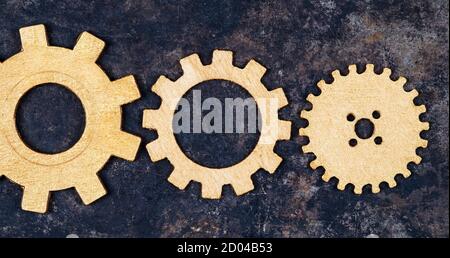 Gears on a metal background, business solutions, innovation concept. Web banner. Stock Photo