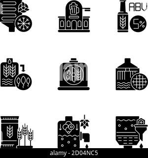 Beer production technology black glyph icons set on white space Stock Vector