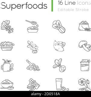 Superfoods variety pixel perfect linear icons set Stock Vector