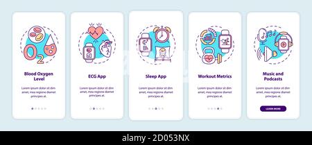 Smart watch functions onboarding mobile app page screen with concepts Stock Vector