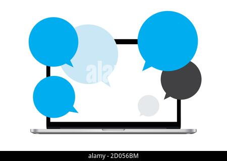 Chatting Window Social Media Bubbles on Laptop, People Remote Working Stock Vector