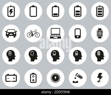 Battery Or Electric Power Icons Black & White Flat Design Circle Set Big Stock Vector