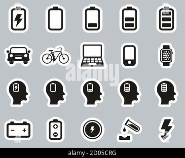 Battery Or Electric Power Icons Black & White Sticker Set Big Stock Vector